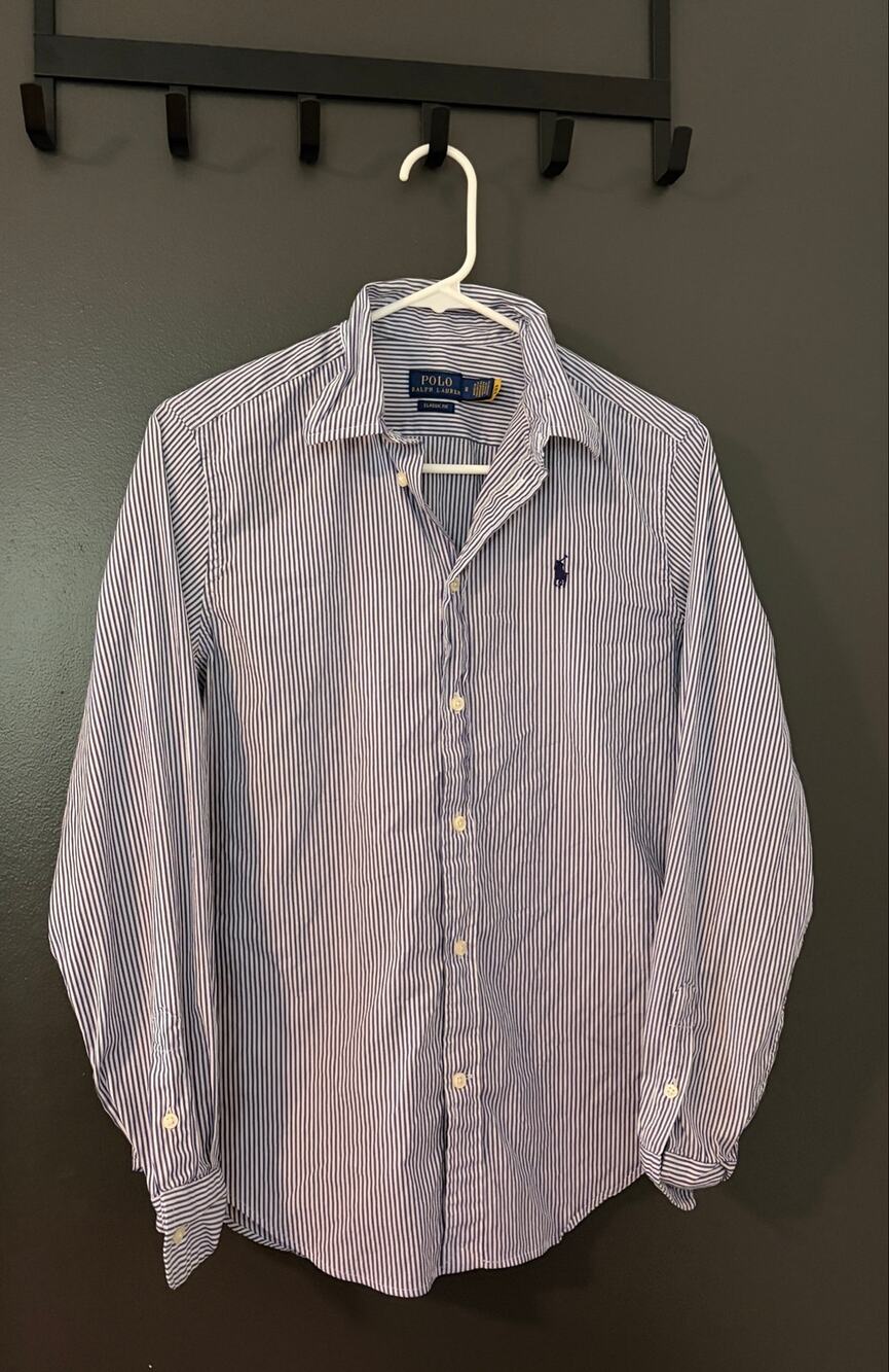 Ralph Lauren Women’s Classic Fit Button-Up Navy and White Striped Top